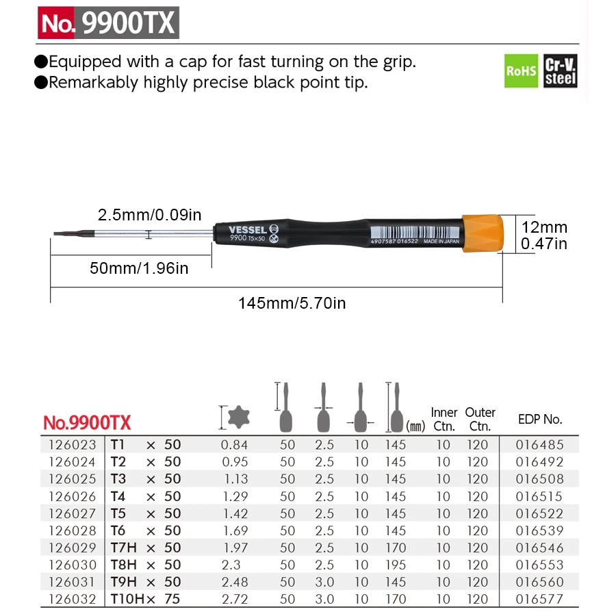 

Прецизионная отвертка VESSEL, 1 шт., для винтов Torx, микроотвертка для очков, часов, мини-инструмент для ремонта No 9900 серии