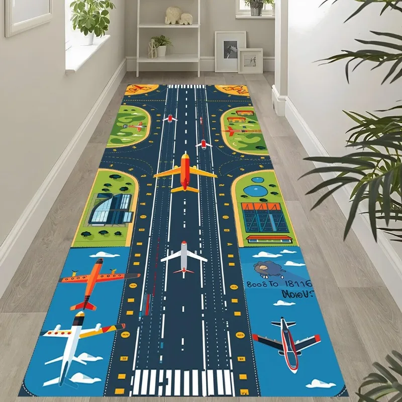 Airport Runway Runner Rug Cartoon Aviation Traffic Themed Long Hallway Carpet Soft Non-Slip Play Floor Mat