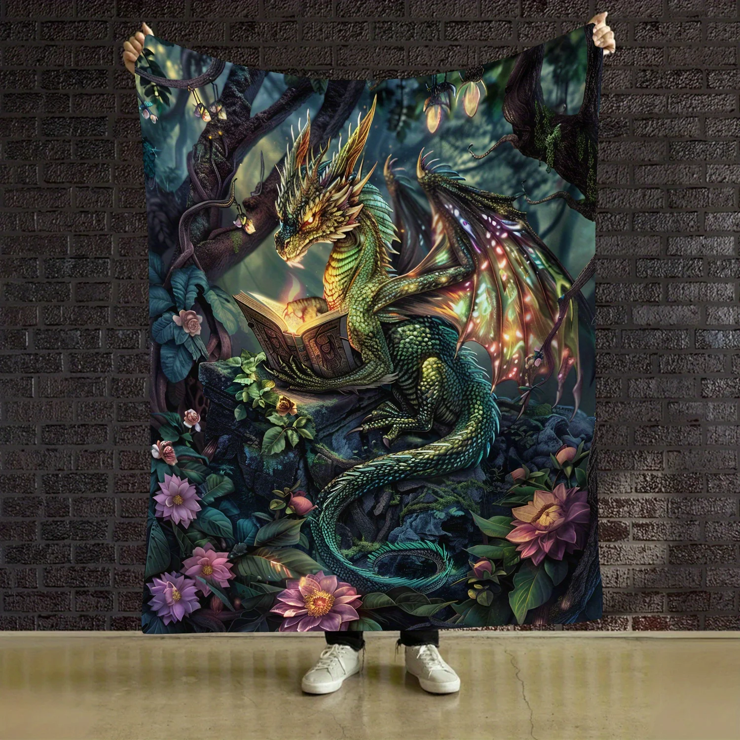 Magical Forest Dragon Reading Books Throw Blanket - Fantasy Botanical Floral Motif Soft Lightweight Accent for Sofa Bed Travel