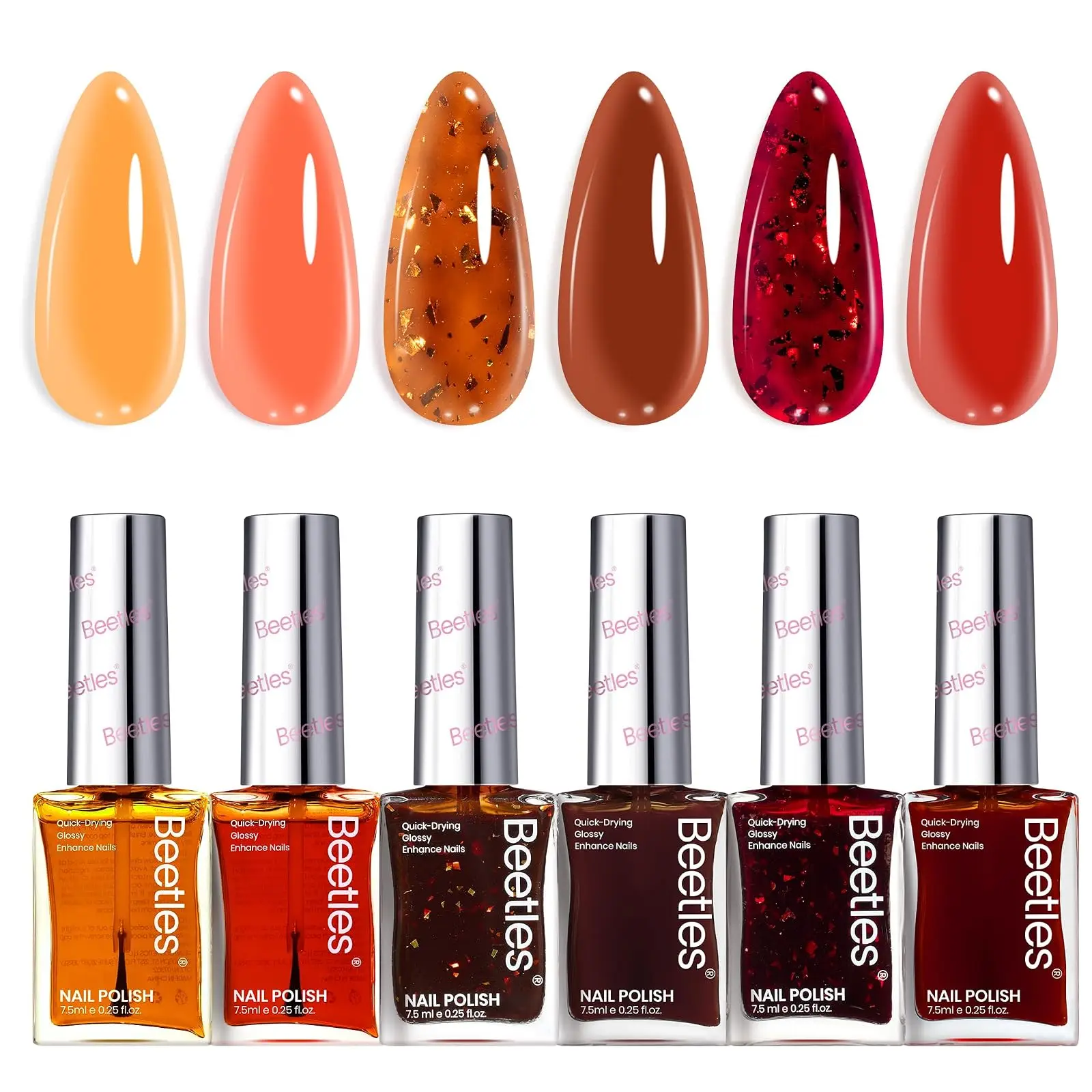 Beetles Fall Nail Polish Set, Golden Harvest 6 Colors Burgundy Red Brown Jelly Glitter Quick Dry for DIY Manicure