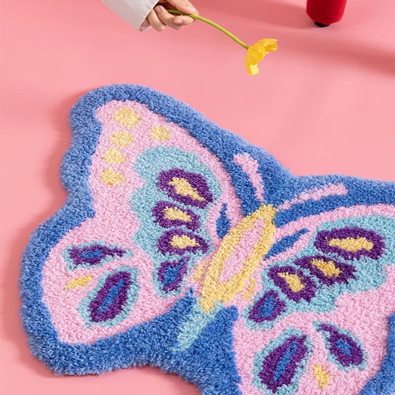 Hand Turfted Rug Shaggy Carpet for Living Room Bedroom Bedside Rug Non-slip Butterfly Style Floor Mat Children Room Home Decor