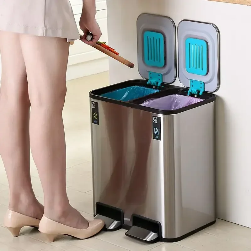 Trash Can 9L + 9L Lid Double Kitchen Large Trash Can Bathroom Bedroom Toilet Stainless Steel Trash Can with Pedal