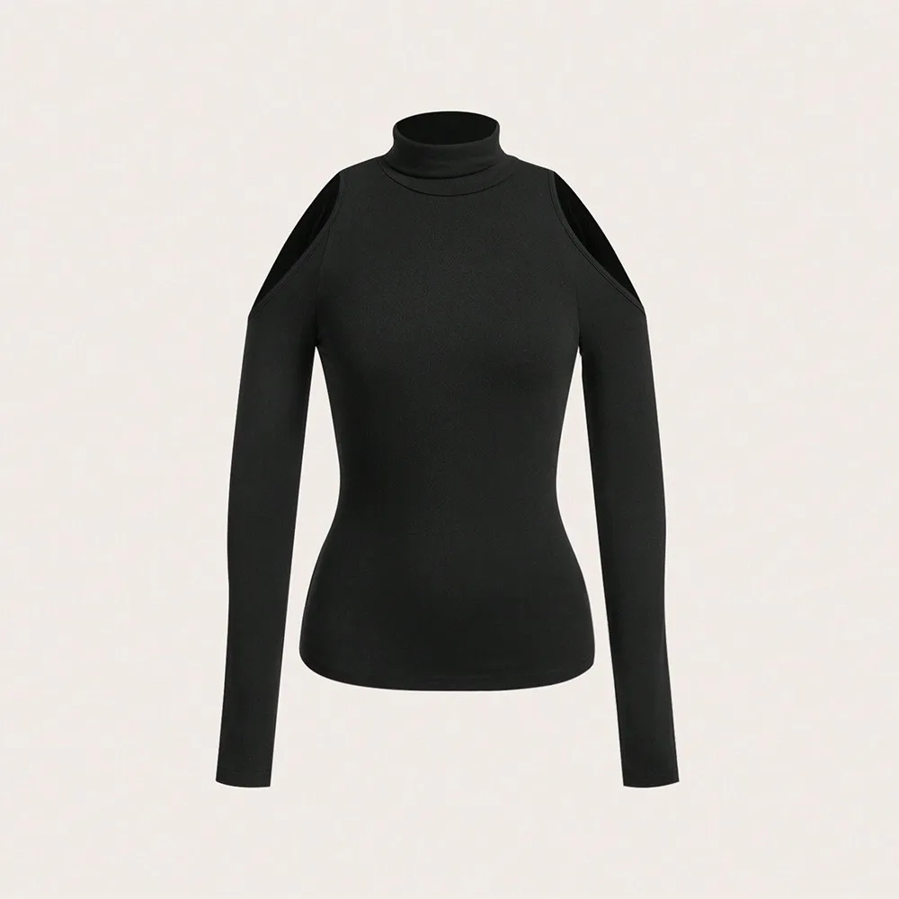 Women Elegant Off Shoulder Fitted Turtleneck Solid Color Wrinkle Resistant Blouse Women's Shirts T-shirt Women's Sleeved view 3