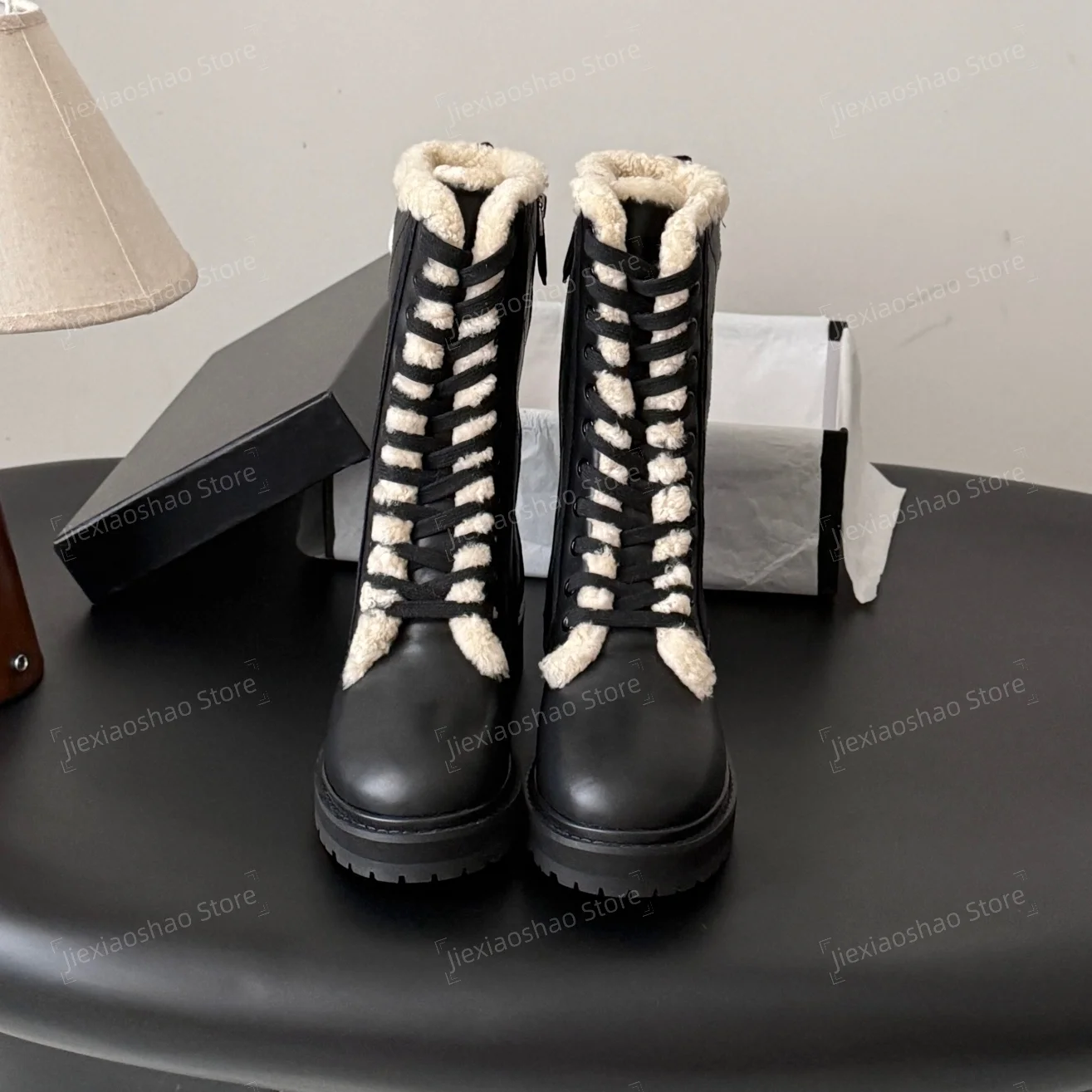 2026 Newest Winter Genuine Leather Round-Toe Chunky Heel Mid-Calf Boots Woman Wool Snow Boots Chelsea Boots Zapatos De Mujer