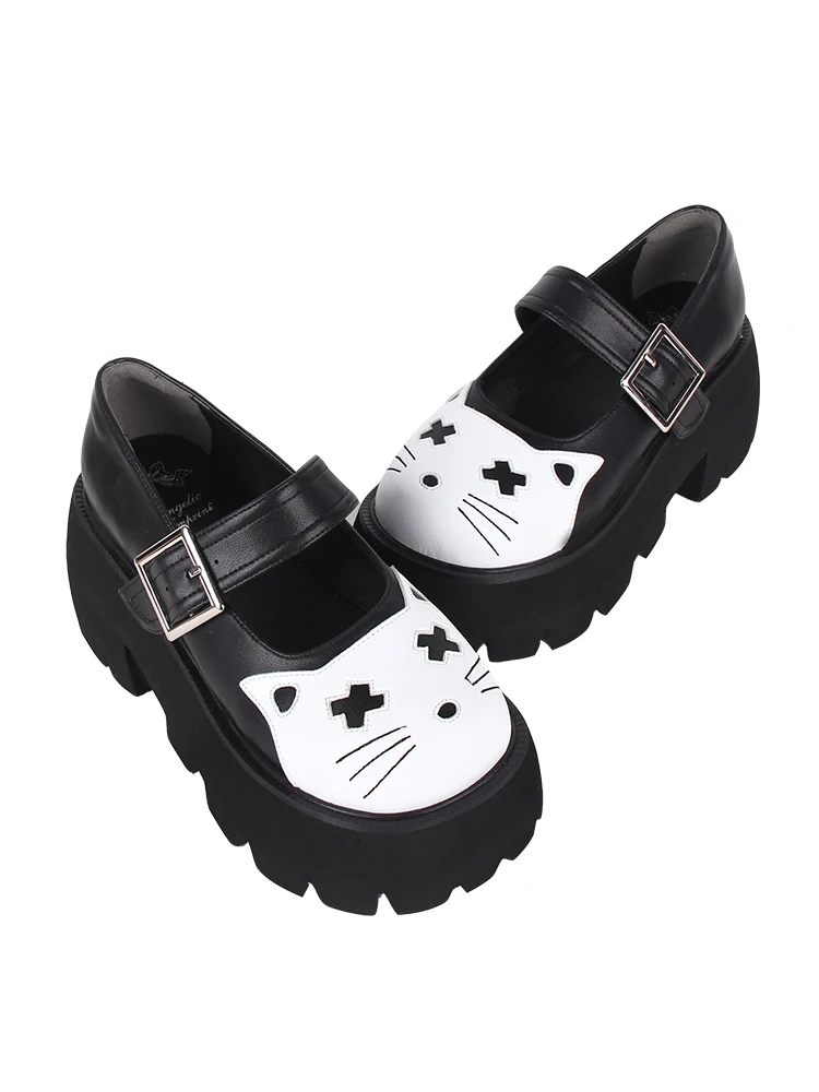 2024 Autumn New Product Lolita Shoes Colored Cartoon Cat Head Thick Sole Lolita Women's Shoes Japanese Retro Girls' Single Shoes