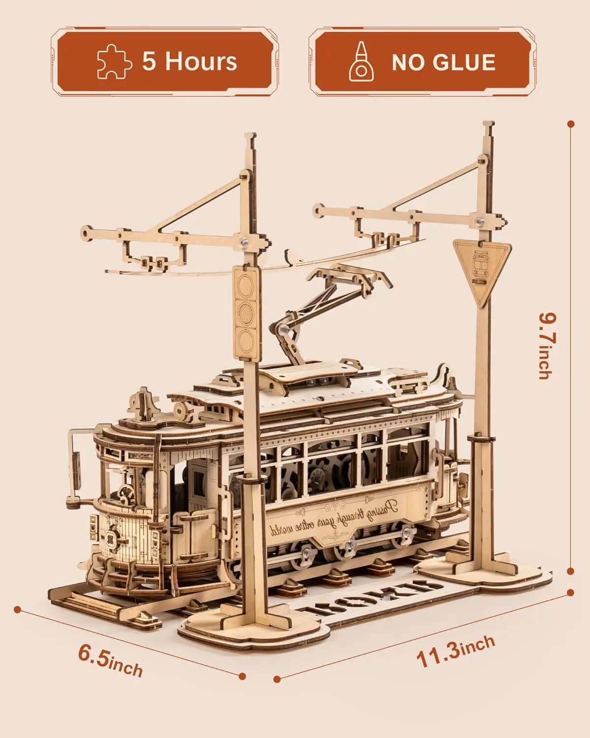 Robotime rokr Wooden Toy Tram Train Set 3D Wooden Puzzles Model Car Kits with Railway  for Adults to Build for Christmas