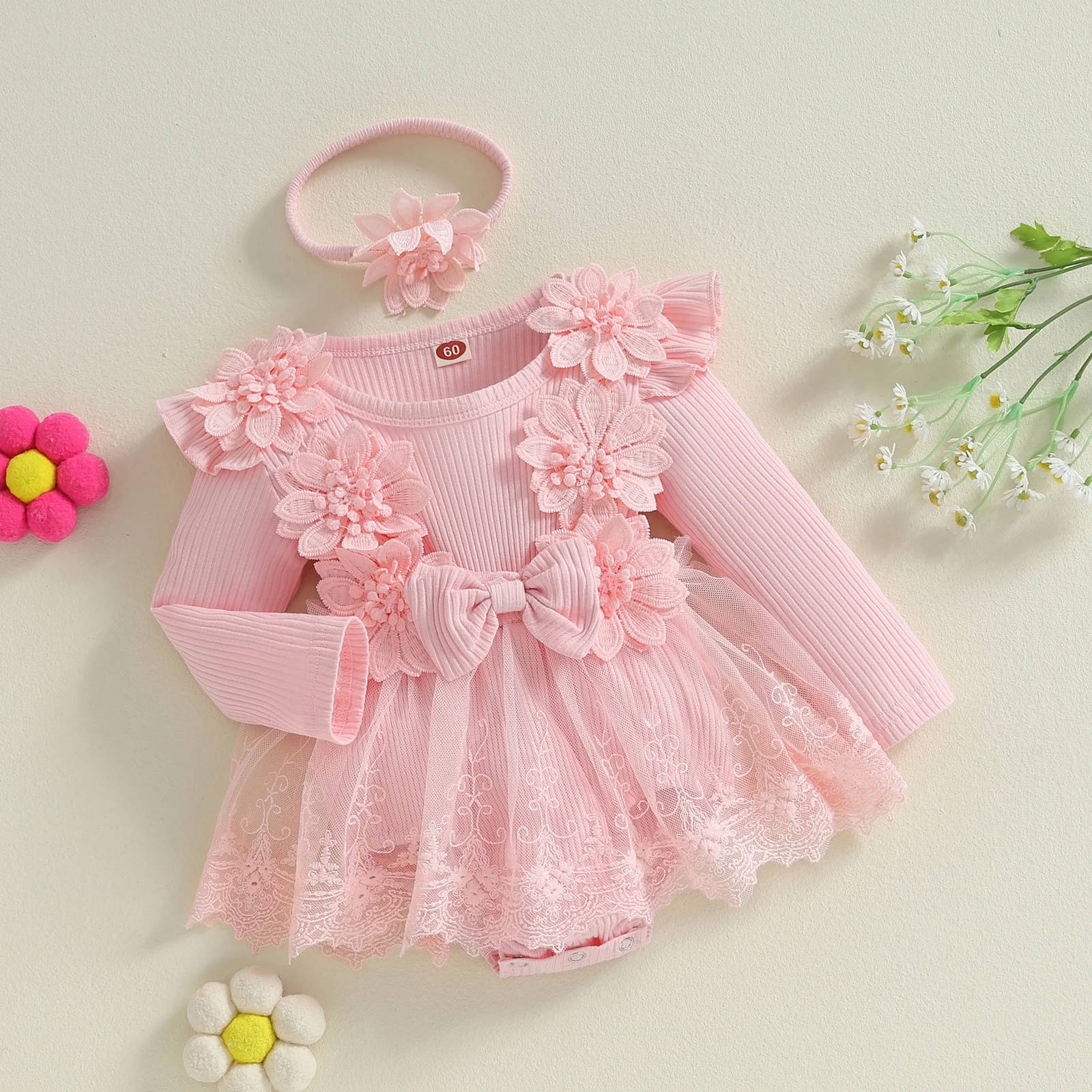 Baby Girls Flower Bow Long Sleeve Mesh Romper Headband Adorable Ribbed Bodysuits