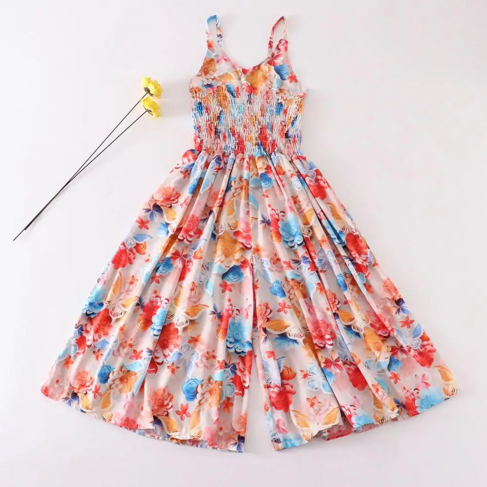 Girls' Spaghetti Strap Dress Summer New Butterfly Print Bohemian Style Fashionable Floral Wide Leg Jumpsuit Dress for 4-14 Years