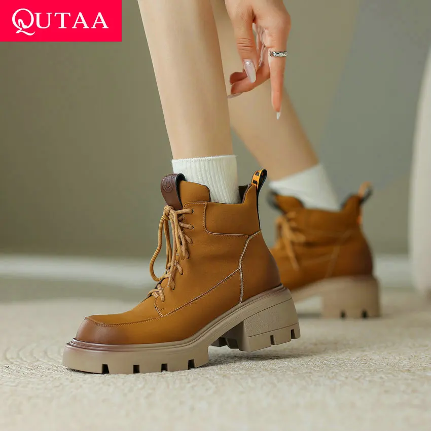 Qutaa 2024 gekreuzte Frauen Stiefeletten Herbst Winter runde Zehen Echt leder Freizeit arbeits schuhe Frau Größe 34-39