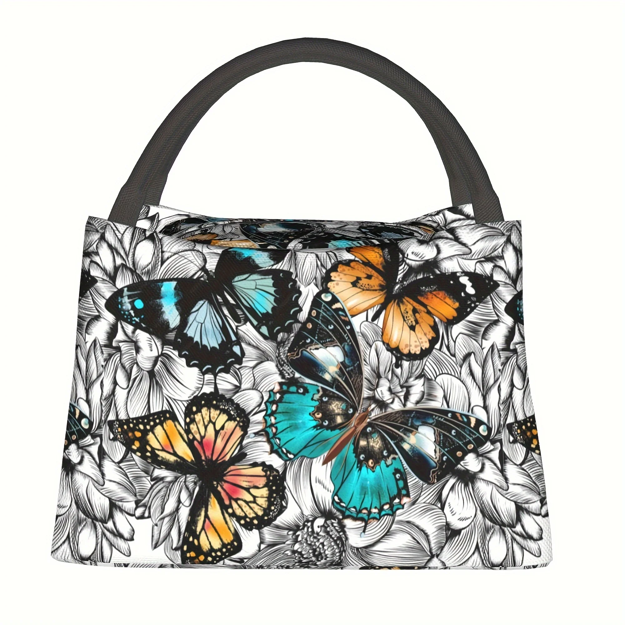 Butterfly Floral Print Insulated Lunch Bag Durable Polyester Oxford Cooler Tote for School Travel
