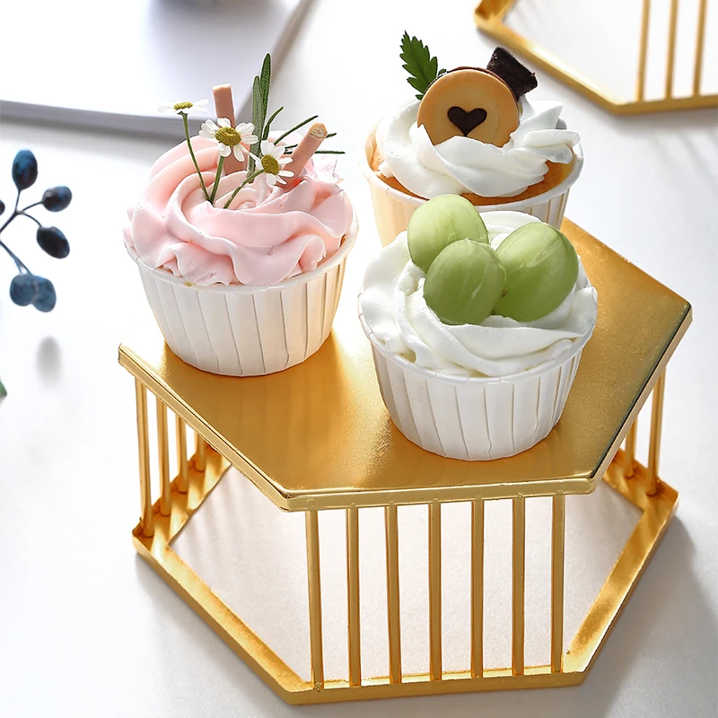 Nordic light luxury wrought iron display stand Hotel front desk hexagonal dessert table storage rack Snacks, pastries and snacks