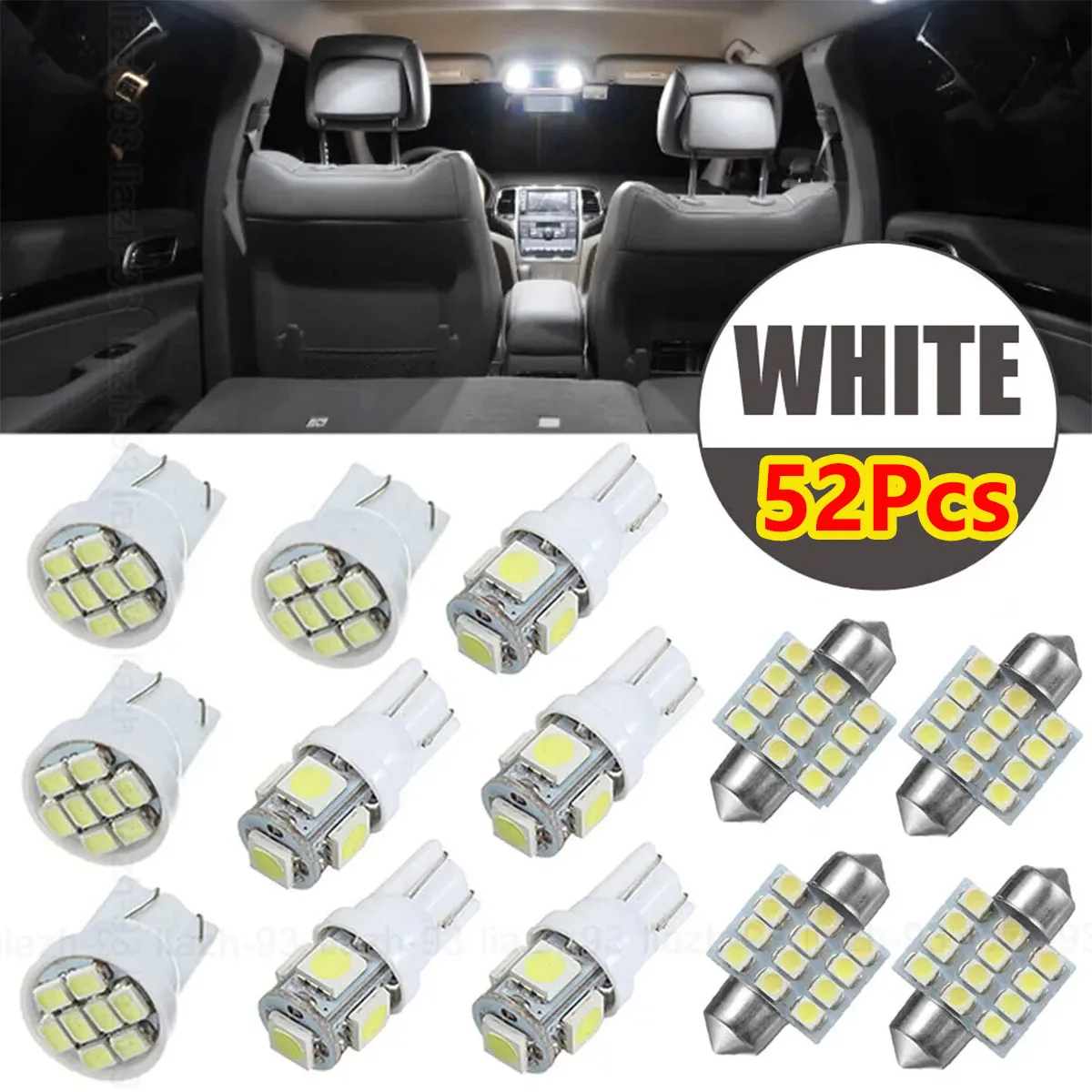 

52Pcs Universal T10 Car Interior Lights Parts LED Light Kit For Dome License Plate Lamp Bulb Car Trunk White Interior Lamp Bulbs