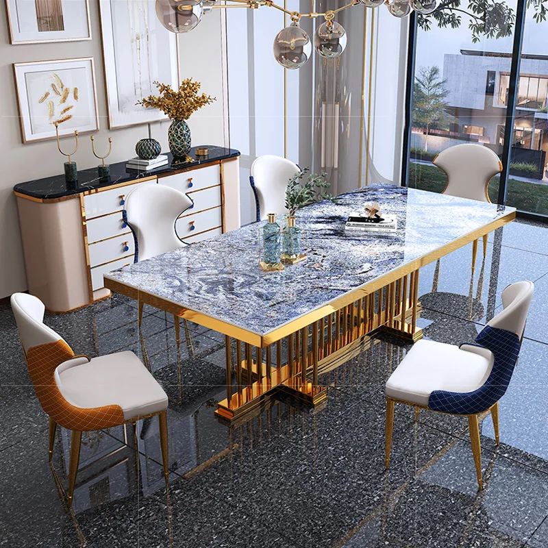 ^%Luxury Decoration Gold Stainless Steel Frame Rectangular Marble Top Dining Table Set for Wedding Home Dining Room Furniture