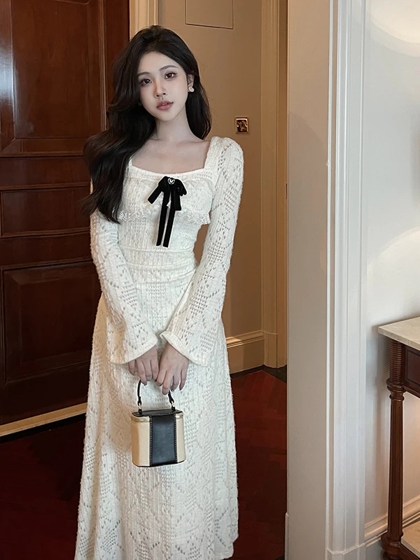 فستان طويل أنيق بتصميم أميرة ضيق مع حواف دانتيل، أسلوب خريف وشتاء أنيق، ياقة مربعة، خصر مجمع، تنورة على شكل حرف A