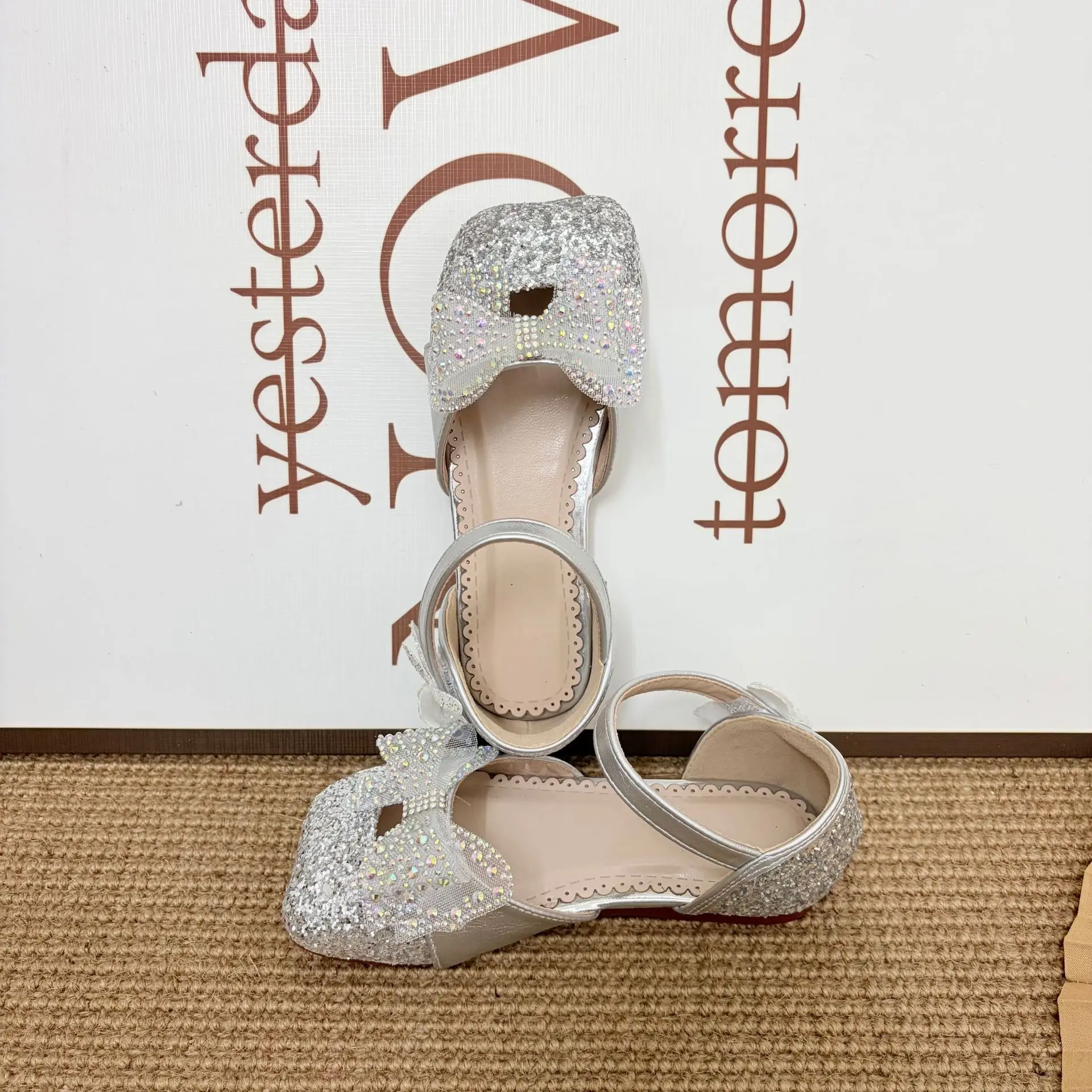 

Kids'Casual Shoes Sandals Solid Color Bow Sequin PU Leather Summer Flat Shoes For Girls Anti-slip Silver Shoes Size 23-35