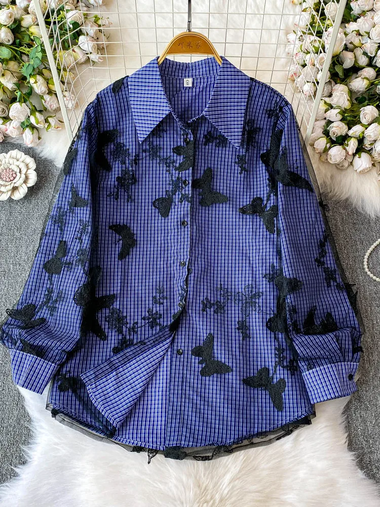 

Ele Embroidered Long Sve irt Women's Loose Fit Collar Netting Top Korean Sle Summer Faion 2025
