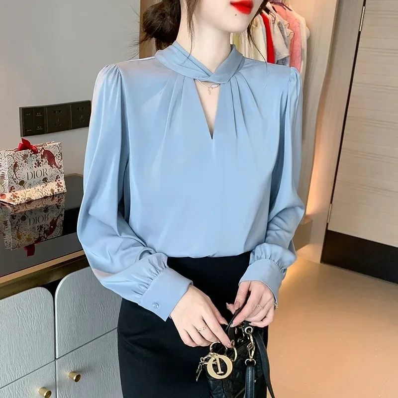 New Fashion Blouse Women Blue Black Chiffon Long Sleeve Blouse Shirt Women Tops  Blouses Shirts Blusa Camisas De Mujer 2024 G295