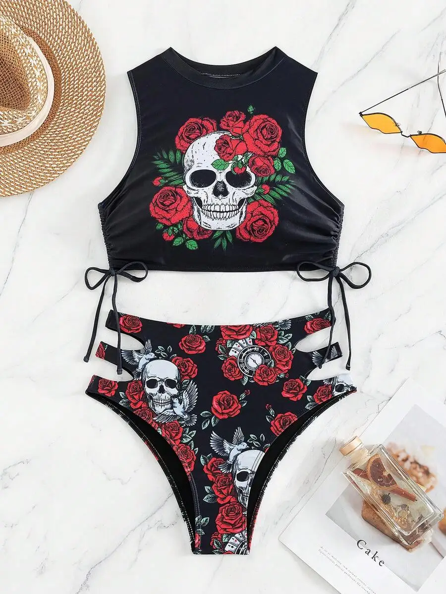 Swim EVENT Beach Skull & Floral Print Drawstring Side Bikini Set, Halloween
