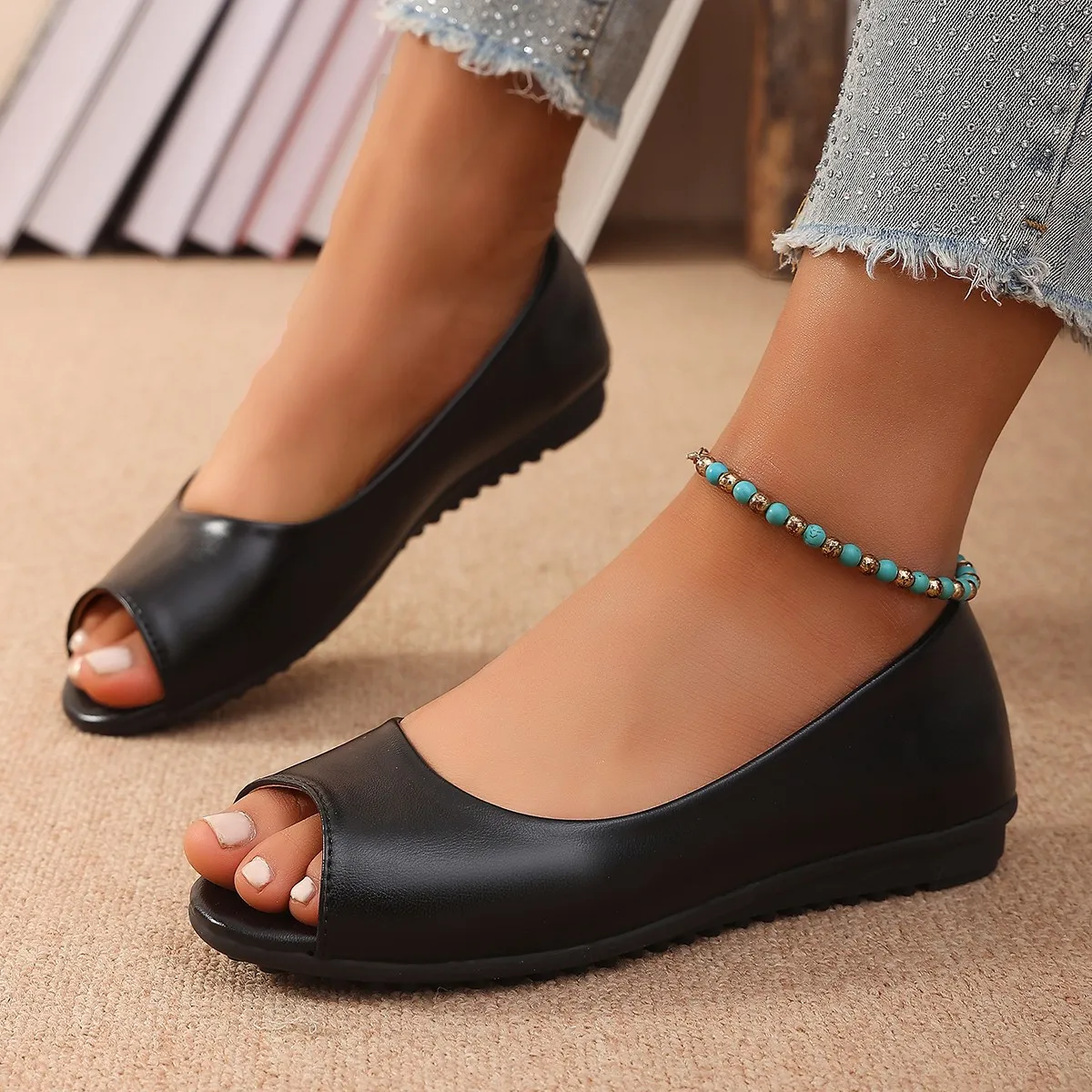 Women's Flat Sandals Spring Autumn Fashion Casual Open Toe Round Head Pu Shallow Sandals Solid Color Plus Size 43 Women's Shoes