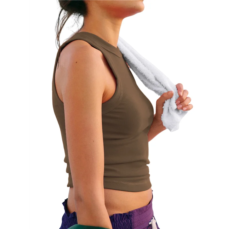 

【SEE】Women's Sleeveless Full Length Ribbed Fitted Racerback Workout Crew High Neck Basic Tank Top
