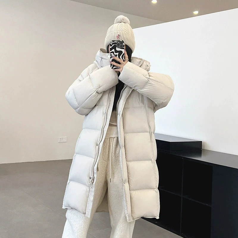Schinteon jaqueta longa feminina de pato branco com capuz outono inverno quente casual solto outwear 2025 nova moda casaco