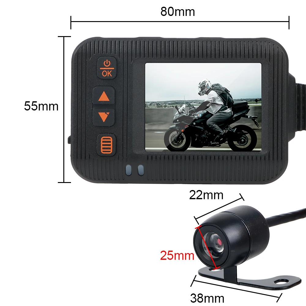 2 hüvelykes dashcam 1080P/720P Vízhatlan esőköpény Széleskörű szögben Motorbicikli DVR vezetékes Zárkózott vezérlő bejárati hátsó camer videó diktafon