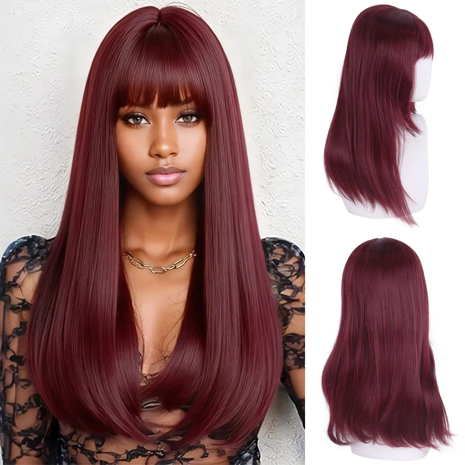 

Синтетический полный парик Длинный прямой парик с челкой 22-дюймовый винно-красный парик Естественный вид Парики для мамы Ежедневная вечеринка Косплей Хэллоуин