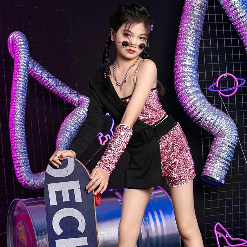 3 ألوان واحدة كم الترتر دعوى الأطفال الهيب هوب ملابس الفتيات أزياء رقص الجاز الاطفال Kpop الزي المرحلة ارتداء XS7842