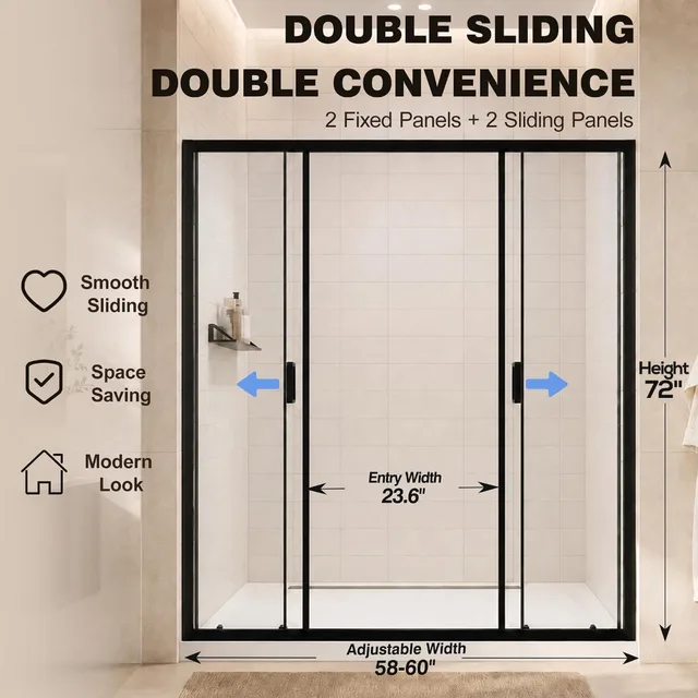 58-60" W x 72" H Four Sliding Semi-Frameless Glass Shower Door 3