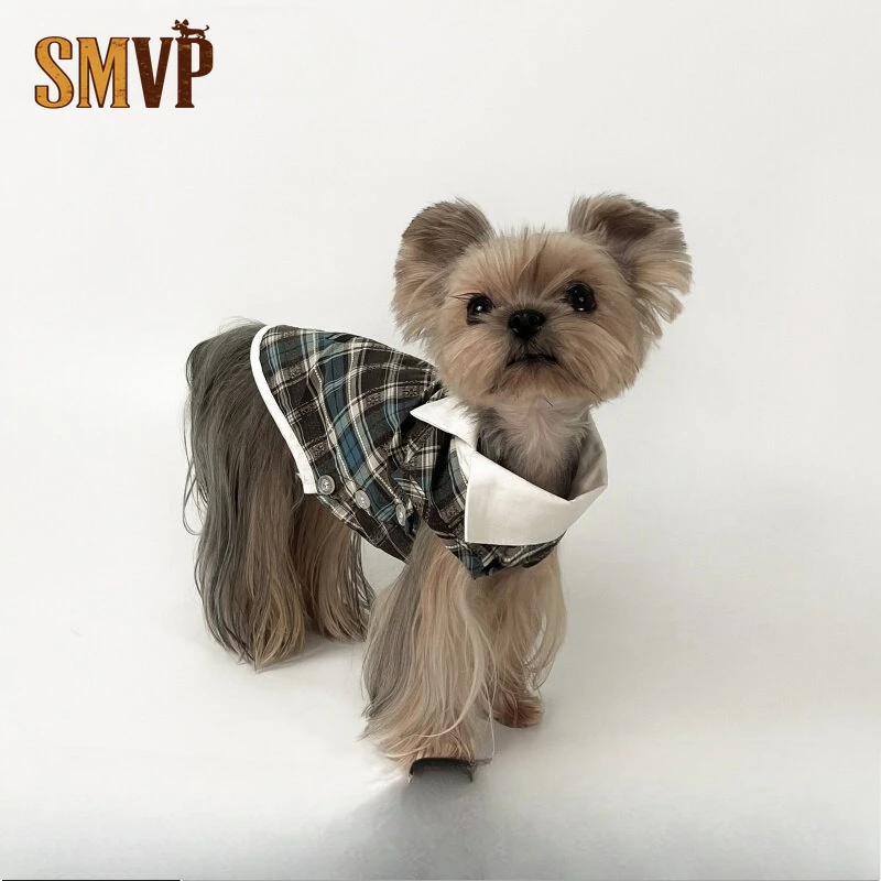 

Original Brown and Blue Plaid Lapel Shirt The Gentlemanly Style of The College Pet Kitten Small Dog Shirt Clothing