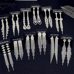 FYUAN Fashion Long Tassel Crystal Drop Earrings for Women Silver Color Rhinestone Hanging Dangle Earring Bridal Wedding Jewelry