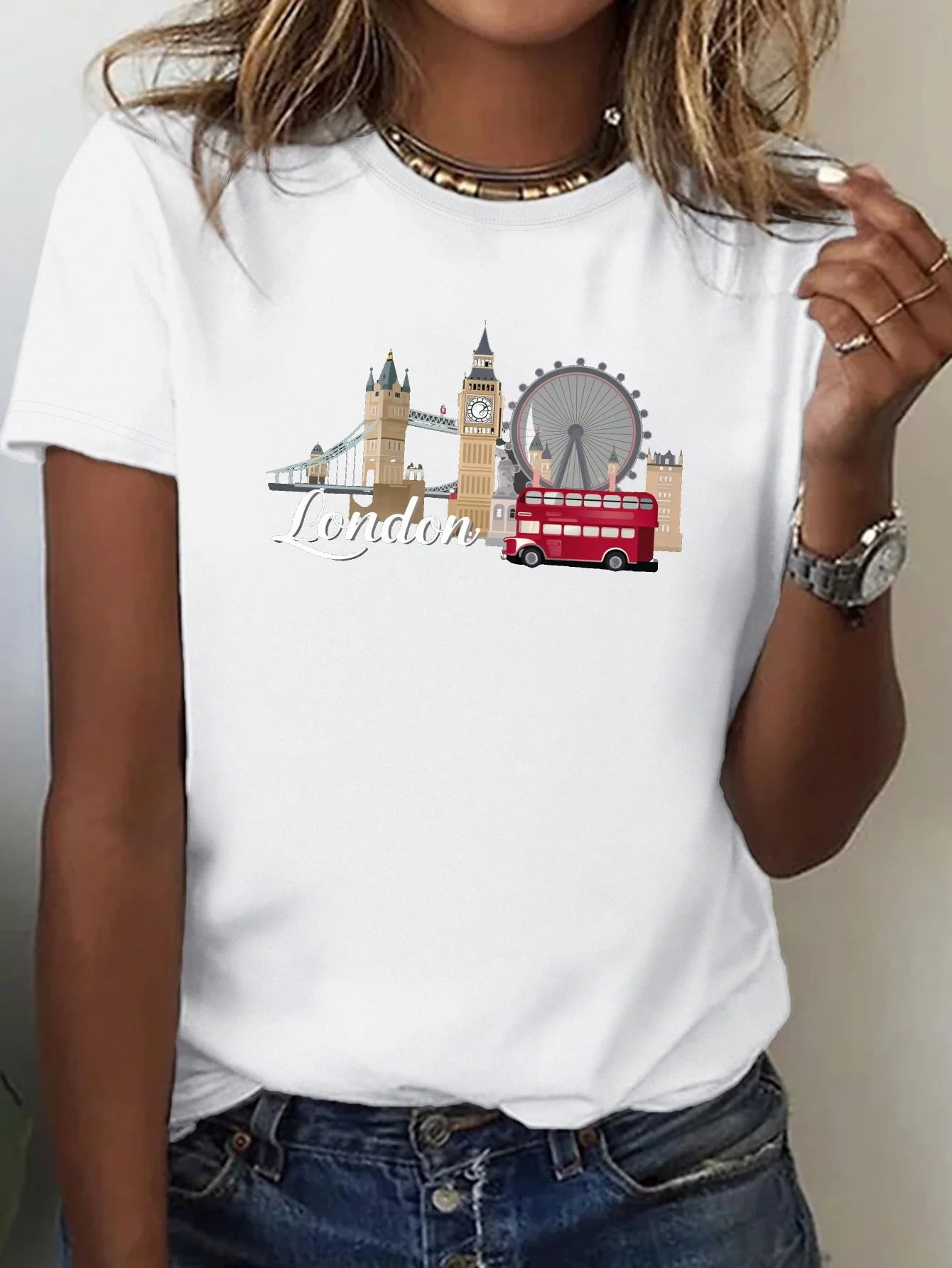 London Landmarks Illustration Print T-shirt Women's Harajuku Short Sleeve Casual Women's T-shirt Clothing Street Tops Tees Y2K