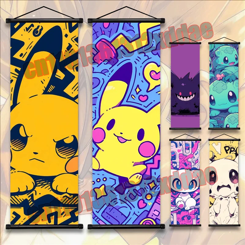 

Japanese Anime Pokemon Scroll Decorative Painting Poster, Pikachu, Gengar, Art White Canvas Home Children's Bedroom Mural