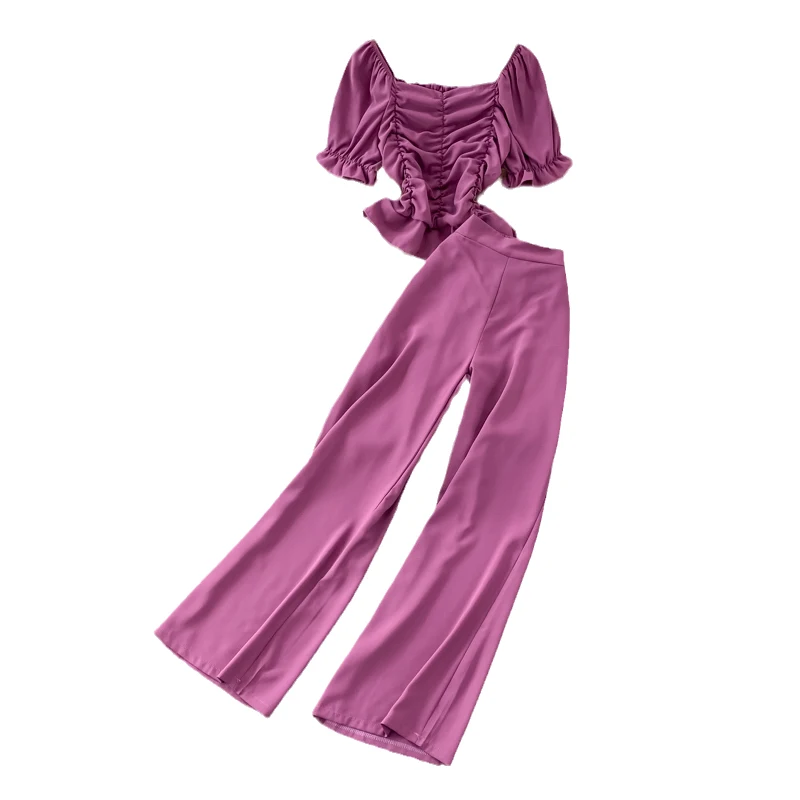 Conjunto Casual F da Moda: Calça Plona de Cintura Alta e Csa Curta de Gola Quadrada com Caimento Justo
