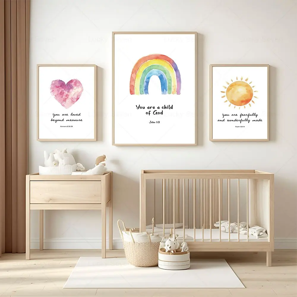 Bible Verse Poster Psalm John Romans Christian Nursery Jesus Child of God Wall Art Canvas Prints Sun Rainbow Kids Bedroom Decor