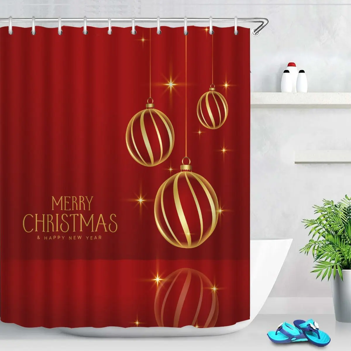 Christmas Balloon Bathroom Curtains Gold Snowflake Elk Shower Curtains Bathroom Polyester Waterproof Christmas Decor Curtains