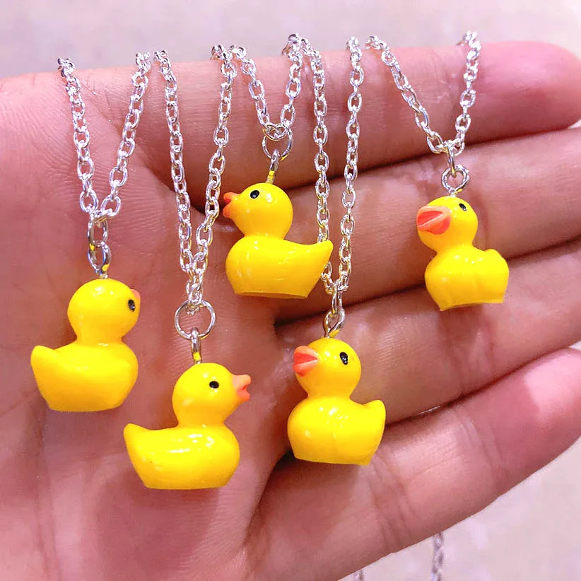Cute Cartoon Small Little Yellow Duck Pendant Necklace for Women Handmade Silvery Long Chain Necklace Creative Jewelry