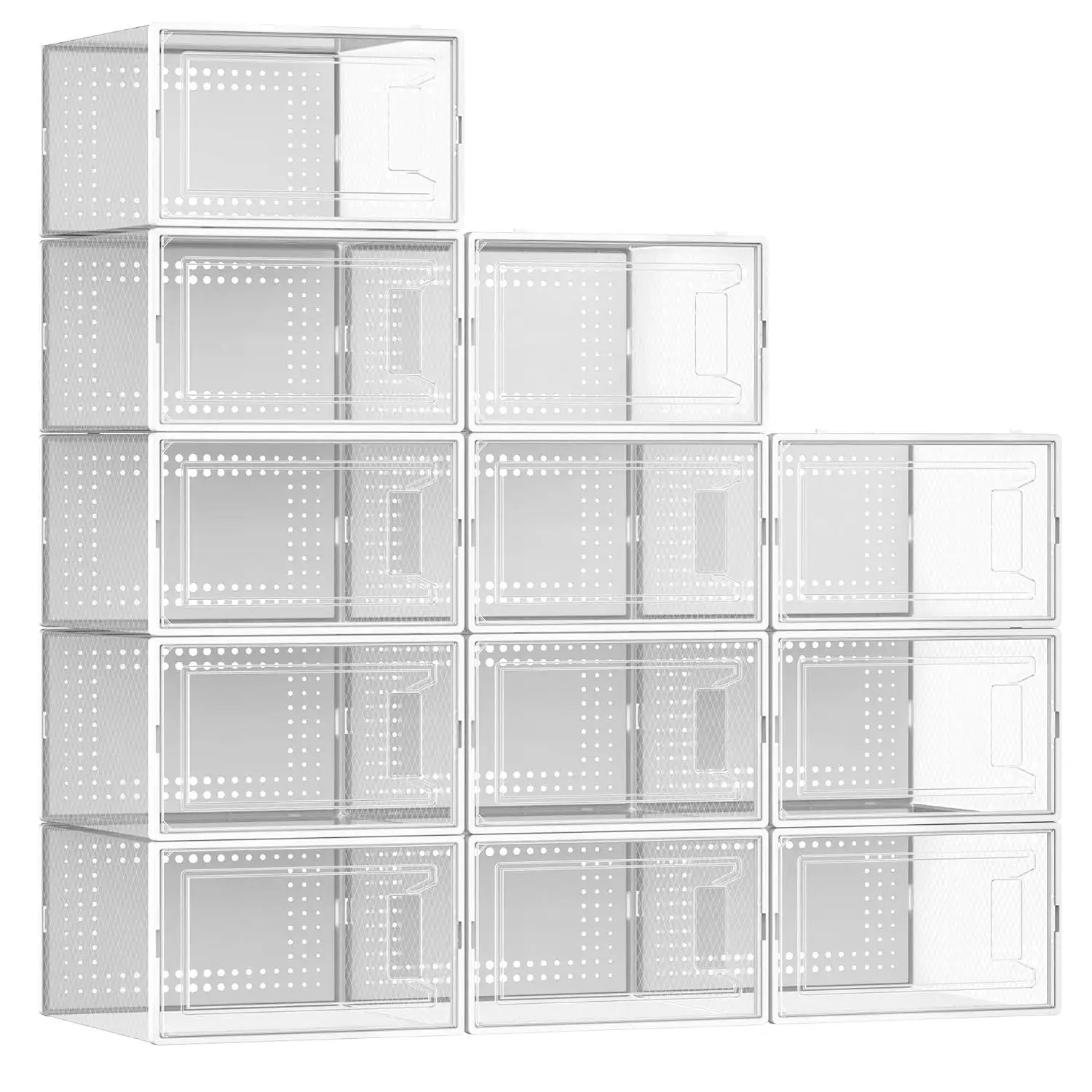 12 Pack XX Large Shoe Storage Organizer for Closet, Modular Space Saving Shoe Boxes Clear Plastic Stackable, Customized