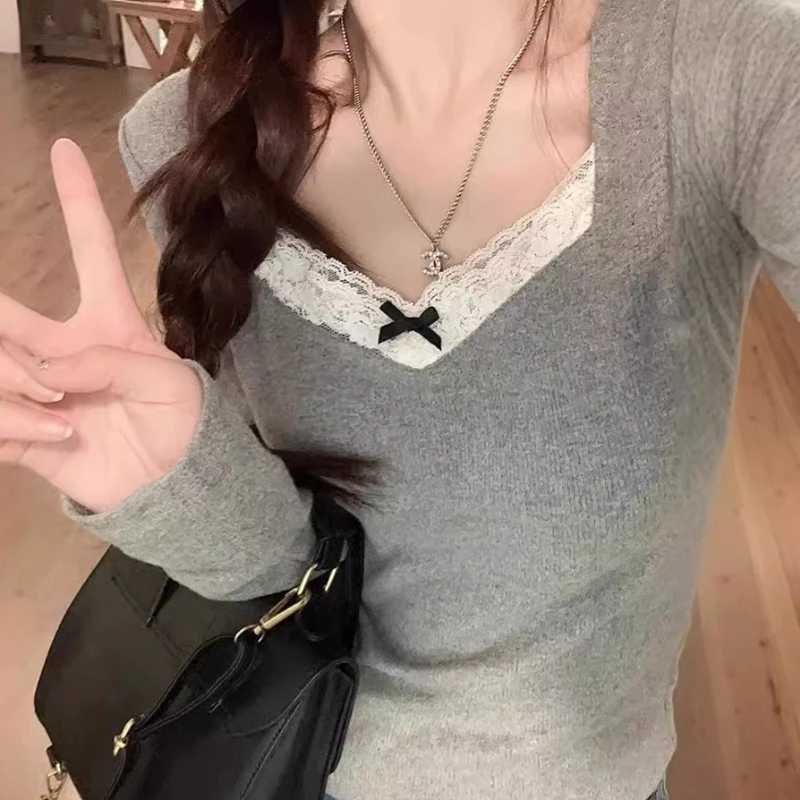 Autumn Winter Korean Sweet Gentle Women T Shirt Lace Splicing Slim Fit Fleece Thickened Warm Long Sleeve Blouse Tops