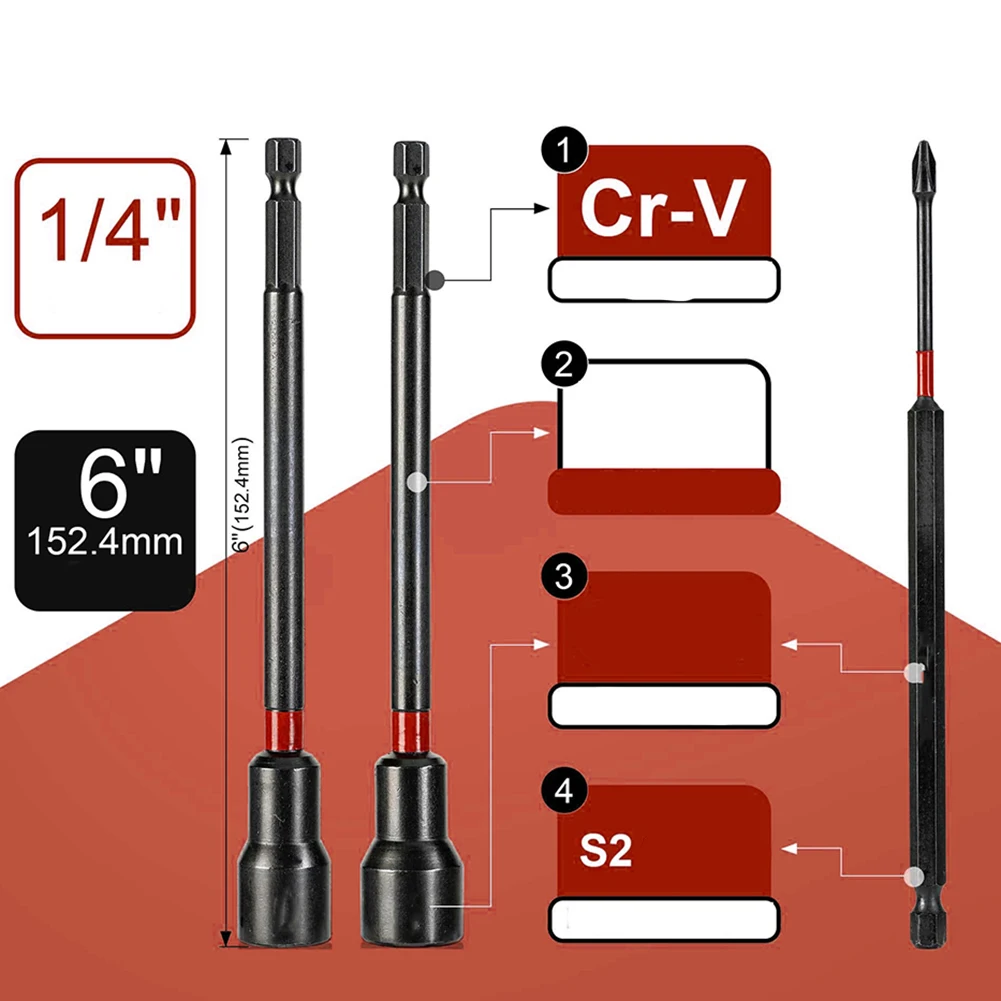 16pcs 6Inch Long Shank Magnetic 1/4inch Hex Shank Nut Driver Kit For Impact Drill Socket Long Magnetic Nut Driver Hand Tools