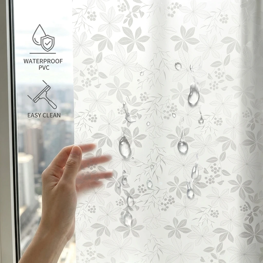 Leaf Berry Pattern Privacy Window Film Self-Adhesive Opaque Frosted Glass Sticker for Home Bathroom Kitchen Office Anti-UV