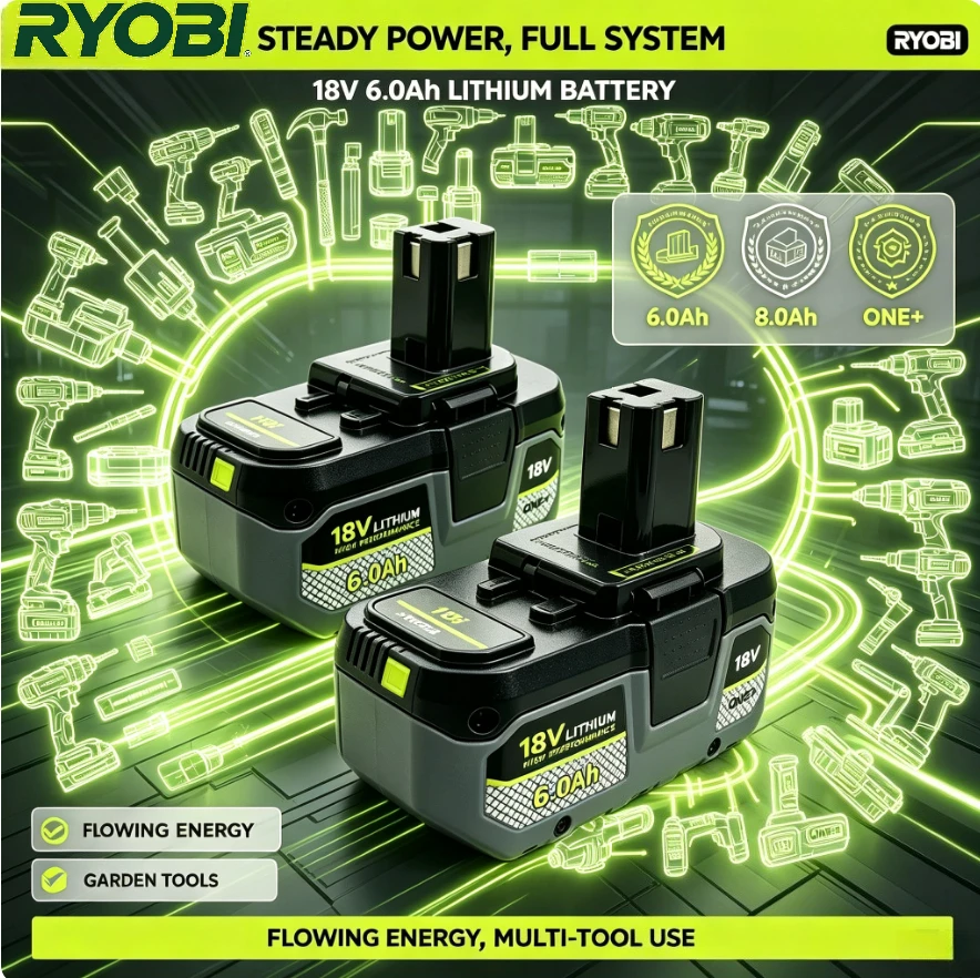 RYOBI 6.0Ah 18V Rechargeable Battery Pack for Cordless Angle Grinder Extended Working Cycle for Outdoor High‑Intensity Operation