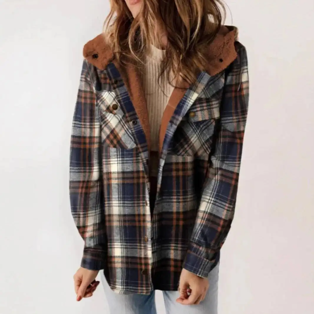 

Fashionable Plaid Patchwork Fluffy Hooded Coat Women's Autumn Winter New Style All-Match Polyester Fiber Geometric Patterned