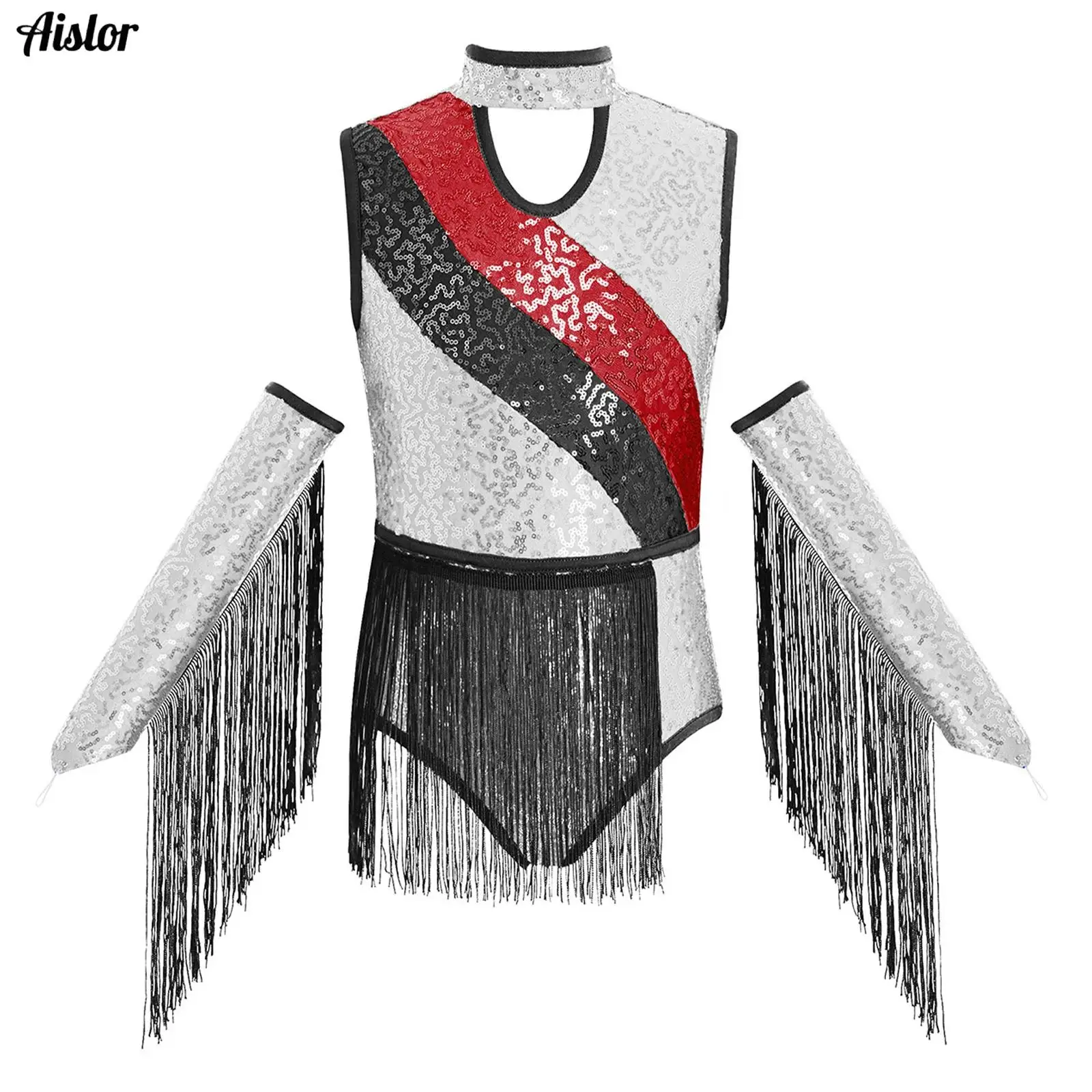 Kids Girls ballet Jersey Dance Gymnastics Latin Jazz Performance Costume Shiny Sequins Tassels Leotard with Fringed Gloves Set