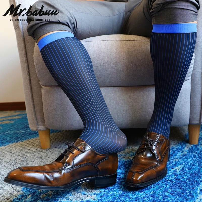 Medium and long tube color striped belt with European and American business suits foreign trade high elastic men nylon stockings