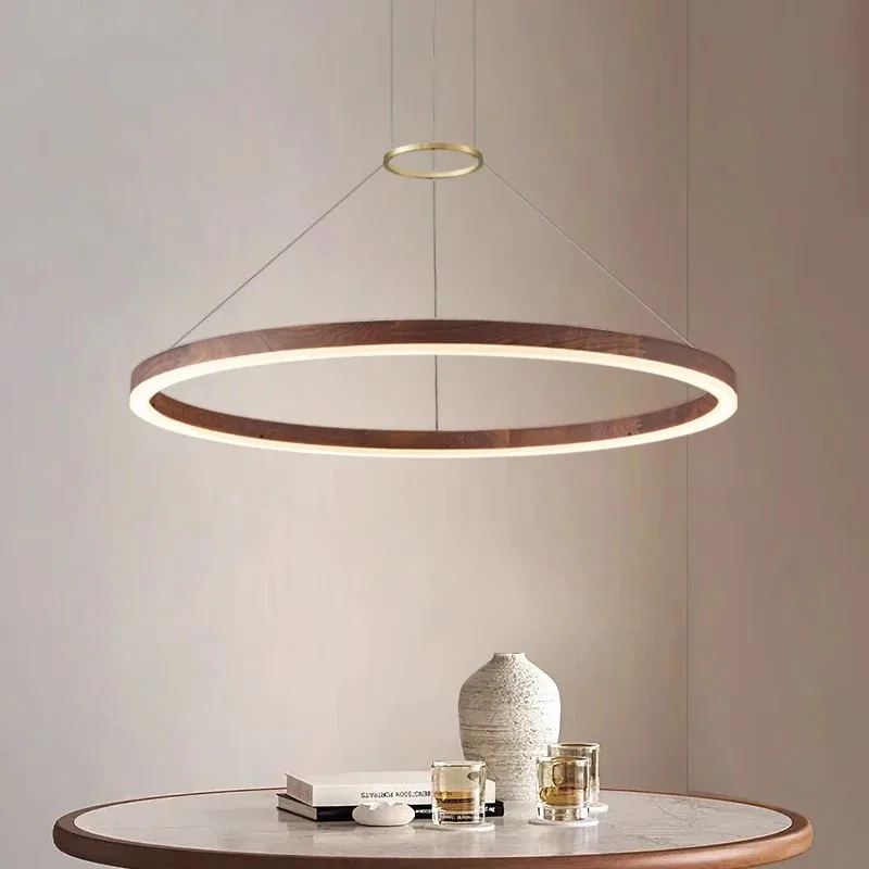 Nordic Wood Texture Halo LED Pendant Lamp Circular Ring For Living Room Dining Room Luxury Minimalist Interior Decor  Lamp