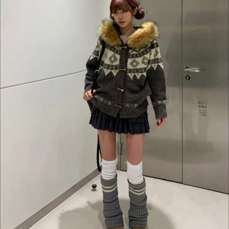 

Harajuku Vintage Casual Knitted Cardigan Jackets 2025 Autumn Winter All-match Coat Women Korean Loose Simple Sweater Top