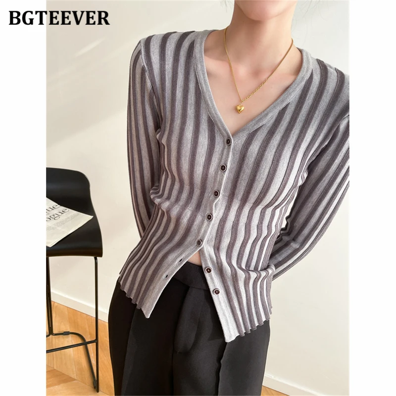 BGTEEVER Autumn Winter V-neck Long Sleeve Women Striped Knitted Cardigan Tops Stylish Slim Ladies Single-breasted Sweaters