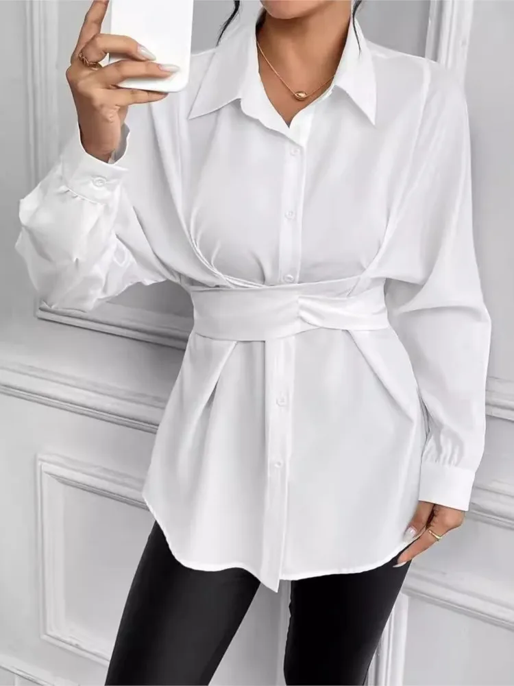 Office White Shirt Dress Women Chic Elegant Tunic New Midi Blouse Irregular Turn Down Collar High Waist Female Long Sleeve Tops