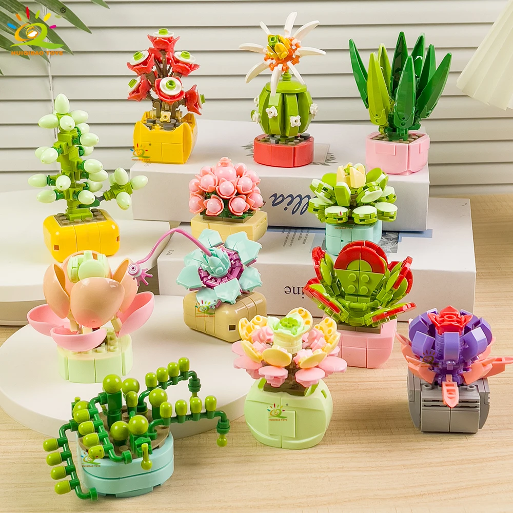 HUIQIBAO MOC Blume Sukkulenten Topf Modell Baustein DIY Ewiger Blumenstrauß Home Schreibtisch Pflanze Dekor Ziegel Mädchen Geschenk Kinder Spielzeug – Detail 3
